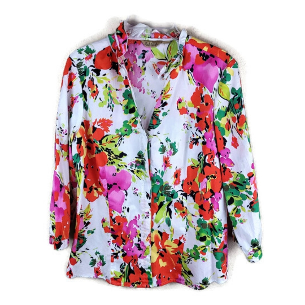 Peck & Peck Weekend 3/4 Sleeve Floral Button Up V-neck Shirt 8